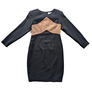 Vintage Jackie K Women's Size 8 Wool Black Tan‎ Long Sleeve Dress w Shoulder Pad